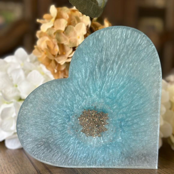 Silky Swirl Blue with Crushed Glitter Heart Decor ~ Tray ~ Platter - Picture 1 of 7